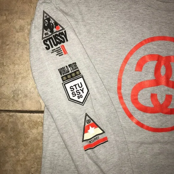 Men's Stussy Logos Long Sleeve Gray T-shirt -Size: XL - Picture 5 of 10
